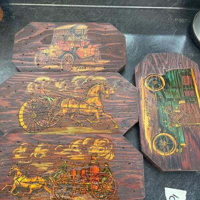 Hand painted wood art, plaques, Cadillac and Ford 1910