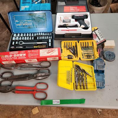 Tool Lot tin Snips Craftsman Hold Down, Sockets Sets, Weller Soldering Kit, Drill & driver bits