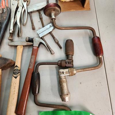 Large Tool lot Vise Grips Hammers, Sander, Hanson Drill Bits, Belknap , Stanley Plane