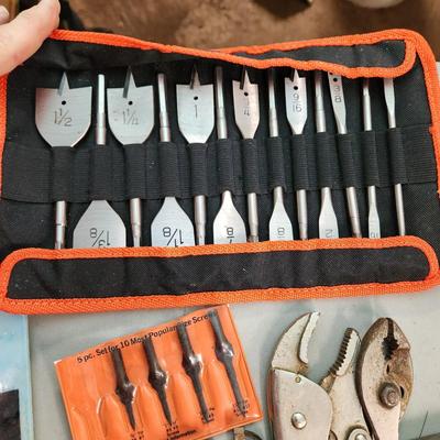 Large Tool lot Vise Grips Hammers, Sander, Hanson Drill Bits, Belknap , Stanley Plane