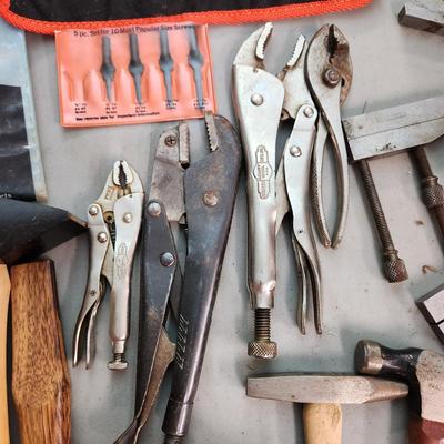 Large Tool lot Vise Grips Hammers, Sander, Hanson Drill Bits, Belknap , Stanley Plane