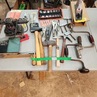 Large Tool lot Vise Grips Hammers, Sander, Hanson Drill Bits, Belknap , Stanley Plane