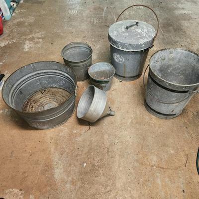 Lot of Various Sizes Galvanized Cans, Funnel