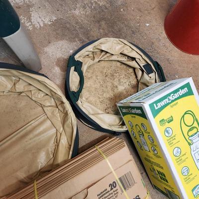 Lot of Garden Supplies , Work Stool, Lawn bags, Leaf Totes, Lawn Sprayer