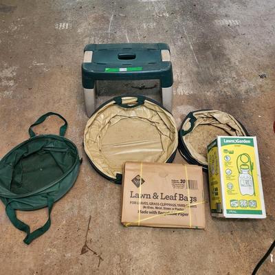 Lot of Garden Supplies , Work Stool, Lawn bags, Leaf Totes, Lawn Sprayer