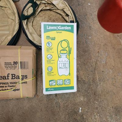 Lot of Garden Supplies , Work Stool, Lawn bags, Leaf Totes, Lawn Sprayer