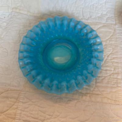 Fenton blue hobnail ruffled edge shallow dish