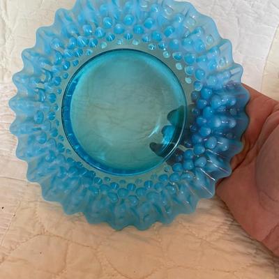 Fenton blue hobnail ruffled edge shallow dish