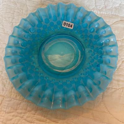 Fenton blue hobnail ruffled edge shallow dish