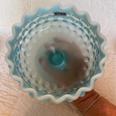 Fenton blue opalescent compote pedestal dish
