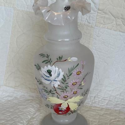 Floral vintage art glass ruffled top vase