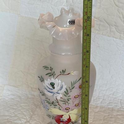 Floral vintage art glass ruffled top vase