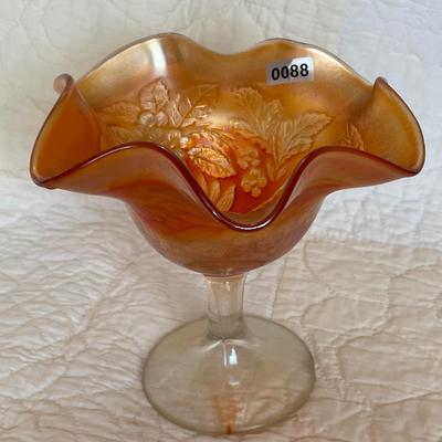 Carnival glass marigold ruffled compote dish