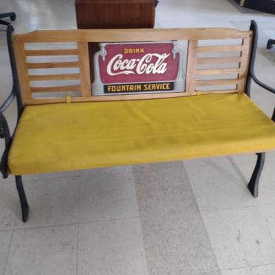 Coca-Cola Fountain Service Wooden and Metal Frame Bench with Cushion