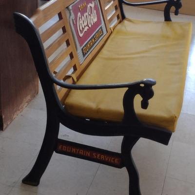 Coca-Cola Fountain Service Wooden and Metal Frame Bench with Cushion