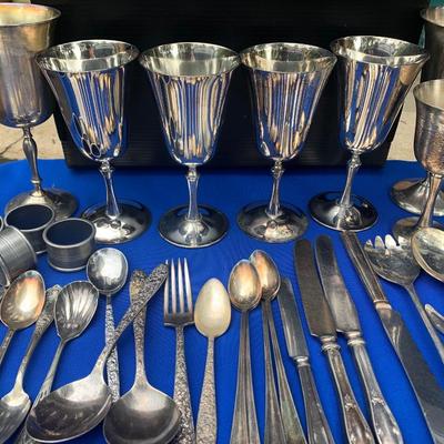 Large Silver Plate Lot Goblets Repousse Flatware Serving Pieces