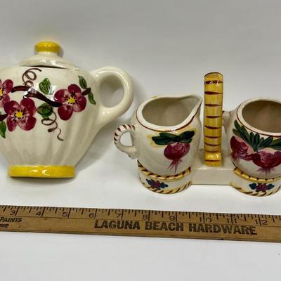 Wall-Mounted Ceramic Teapot with Creamer and Sugar Bowl on Caddy