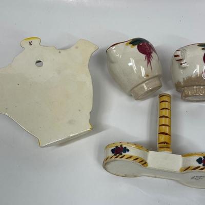 Wall-Mounted Ceramic Teapot with Creamer and Sugar Bowl on Caddy