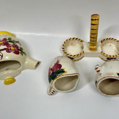 Wall-Mounted Ceramic Teapot with Creamer and Sugar Bowl on Caddy