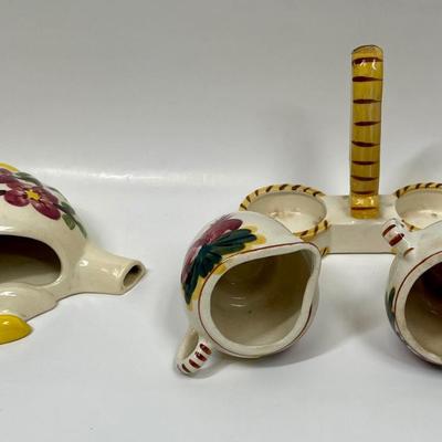 Wall-Mounted Ceramic Teapot with Creamer and Sugar Bowl on Caddy