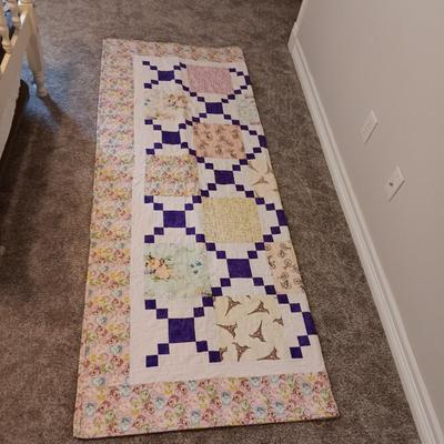 HANDMADE QUILT WITH POSTAGE STAMP MATERIAL PLUS A QUILTED WALL HANGING