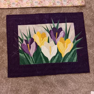 HANDMADE QUILT WITH POSTAGE STAMP MATERIAL PLUS A QUILTED WALL HANGING
