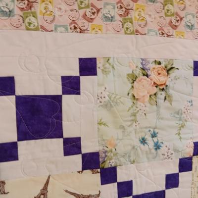 HANDMADE QUILT WITH POSTAGE STAMP MATERIAL PLUS A QUILTED WALL HANGING