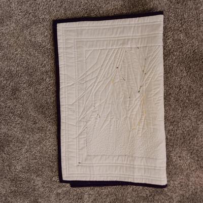 HANDMADE QUILT WITH POSTAGE STAMP MATERIAL PLUS A QUILTED WALL HANGING