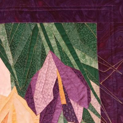 HANDMADE QUILT WITH POSTAGE STAMP MATERIAL PLUS A QUILTED WALL HANGING