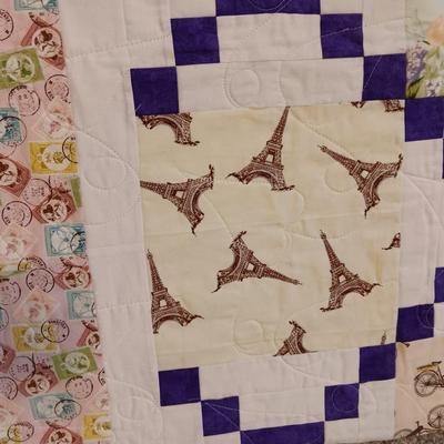 HANDMADE QUILT WITH POSTAGE STAMP MATERIAL PLUS A QUILTED WALL HANGING