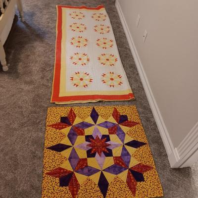 ANTIQUE HAND SEWN QUILT PLUS A COLORFUL WALL HANGING