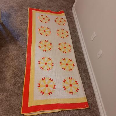 ANTIQUE HAND SEWN QUILT PLUS A COLORFUL WALL HANGING