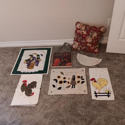 DISH TOWELS, THROW PILLOW, WALL HANGINGS AND A DOILY