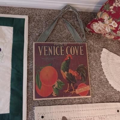 DISH TOWELS, THROW PILLOW, WALL HANGINGS AND A DOILY