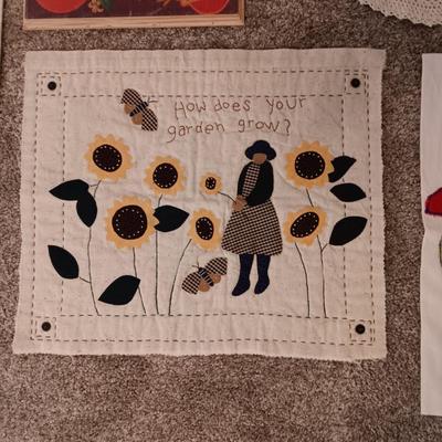 DISH TOWELS, THROW PILLOW, WALL HANGINGS AND A DOILY
