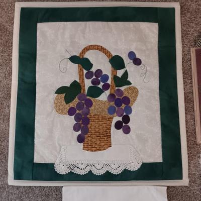 DISH TOWELS, THROW PILLOW, WALL HANGINGS AND A DOILY