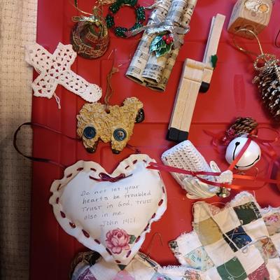 A VARIETY OF CHRISTMAS ORNAMENTS WITH AN ORGANIZING STORAGE TOTE