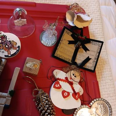 A VARIETY OF CHRISTMAS ORNAMENTS WITH AN ORGANIZING STORAGE TOTE