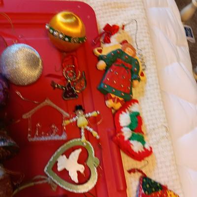 A VARIETY OF CHRISTMAS ORNAMENTS WITH AN ORGANIZING STORAGE TOTE