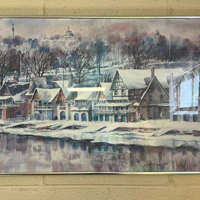 Framed Watercolor of Boathouse Row in Philadelphia