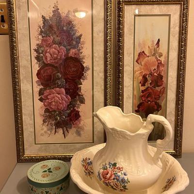 Victorian Bath Basin Bowl and Pitcher w/ Framed Floral Art Lot