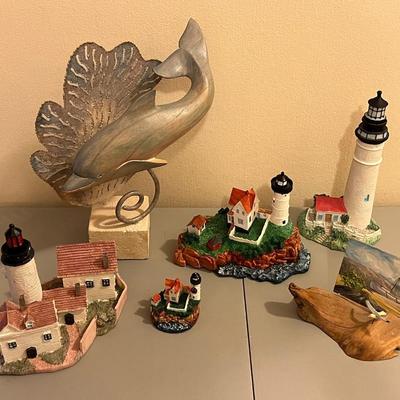 Dolphin Statue and Lighthouse Décor Lot