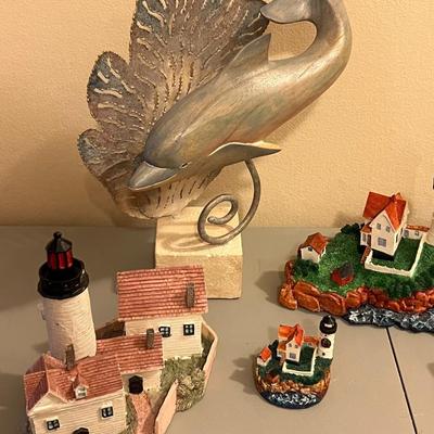 Dolphin Statue and Lighthouse Décor Lot