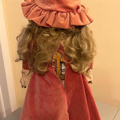 Porcelain Doll in Pink Velvet Dress/Hat 24.5"