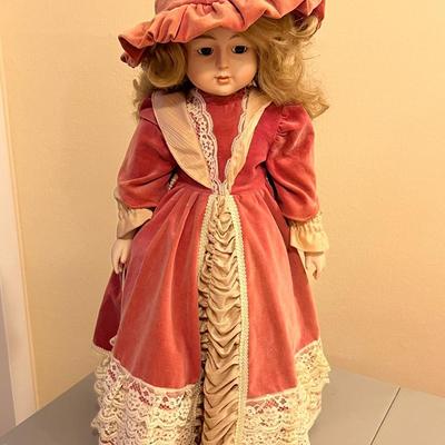 Porcelain Doll in Pink Velvet Dress/Hat 24.5"