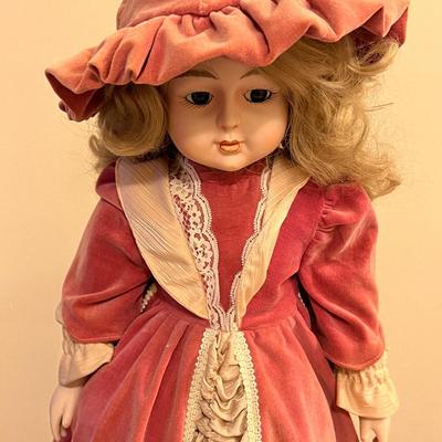 Porcelain Doll in Pink Velvet Dress/Hat 24.5"