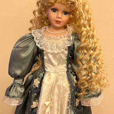 Porcelain Doll in Blue Satin Dress 26"