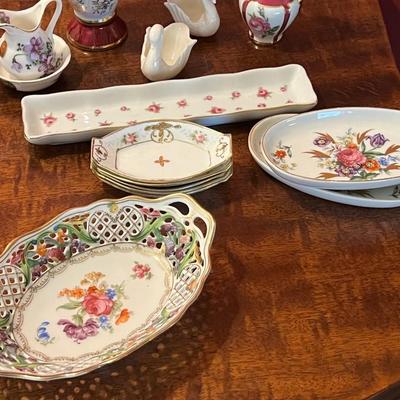 Porcelain Swan Figurines w/ Misc Floral Painted Small Ware Décor