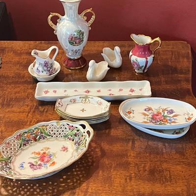 Porcelain Swan Figurines w/ Misc Floral Painted Small Ware Décor