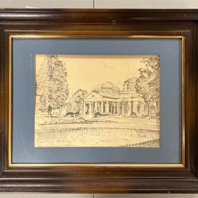 Framed Pencil Sketch of Monticello- Signed by Artist